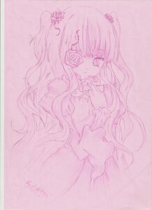 Rating: Safe Score: 0 Tags: 1girl dress eyepatch flower hair_flower hair_ornament image kirakishou long_hair long_sleeves looking_at_viewer monochrome pink_theme rose solo traditional_media very_long_hair User: admin