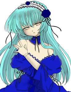 Rating: Safe Score: 0 Tags: 1girl aqua_hair bare_shoulders blue_flower blue_hair blue_rose closed_eyes dress flower frills hair_flower hair_ornament hairband image lolita_hairband long_hair ribbon rose simple_background solo suigintou User: admin