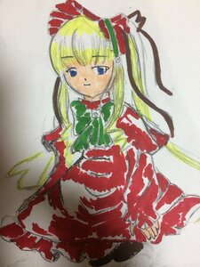 Rating: Safe Score: 0 Tags: 1girl blonde_hair blue_eyes bow bowtie dress frills hair_ribbon image long_hair long_sleeves looking_at_viewer photo red_dress ribbon shinku solo traditional_media twintails User: admin