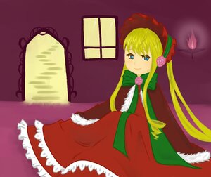 Rating: Safe Score: 0 Tags: 1girl blonde_hair blue_eyes bonnet bow bowtie dress flower green_bow image long_hair long_sleeves looking_at_viewer red_dress rose shinku sidelocks sitting solo twintails very_long_hair User: admin