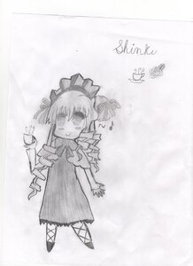 Rating: Safe Score: 0 Tags: 1girl dress drill_hair full_body image long_sleeves monochrome shinku simple_background smile solo standing traditional_media User: admin