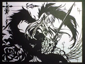 Rating: Safe Score: 0 Tags: 1girl black_wings dress flower frills greyscale hairband holding holding_weapon image long_hair long_sleeves monochrome profile rose solo suigintou very_long_hair weapon wings User: admin