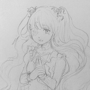 Rating: Safe Score: 0 Tags: 1girl dress greyscale hair_ornament hands_clasped image kirakishou long_hair long_sleeves looking_at_viewer monochrome own_hands_together sketch smile solo tears traditional_media two_side_up upper_body User: admin