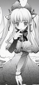 Rating: Safe Score: 0 Tags: 1girl blush bowtie capelet dress greyscale hair_ribbon image long_hair long_sleeves monochrome ribbon shinku solo standing twintails User: admin