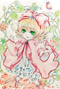 Rating: Safe Score: 0 Tags: 1girl blonde_hair bow colored_pencil_(medium) dress flower frills green_eyes hair_bow hina_ichigo hinaichigo image long_sleeves looking_at_viewer pink_bow short_hair smile solo traditional_media watercolor_(medium) User: admin