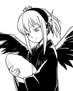 Rating: Safe Score: 0 Tags: 1girl alternate_hairstyle bird_wings black_wings blush feathered_wings feathers greyscale hair_ribbon image japanese_clothes kimono looking_at_viewer monochrome mystia_lorelei ponytail sidelocks simple_background smile solo suigintou upper_body white_background wings User: admin