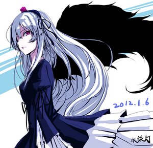 Rating: Safe Score: 0 Tags: 1girl black_wings dress flower frills hairband image lolita_hairband long_hair long_sleeves looking_at_viewer pink_eyes ribbon rose solo suigintou white_background wings User: admin
