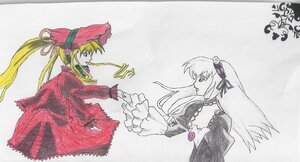 Rating: Safe Score: 0 Tags: 2girls blonde_hair dress flower frills hat image long_hair long_sleeves multiple_girls pair rose shinku suigintou twintails very_long_hair User: admin