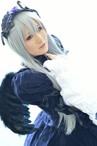 Rating: Safe Score: 0 Tags: 1girl closed_mouth dress flower frills gothic_lolita hairband lips lolita_fashion long_hair long_sleeves looking_at_viewer realistic ribbon silver_hair solo suigintou User: admin