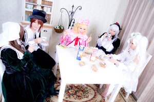 Rating: Safe Score: 0 Tags: blonde_hair brown_hair closed_eyes dress flower hat lolita_fashion long_hair multiple_cosplay multiple_girls sitting table tagme teacup top_hat User: admin