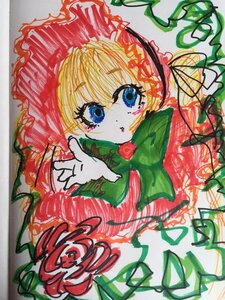 Rating: Safe Score: 0 Tags: 1girl bangs blonde_hair blue_eyes bonnet dress flower image long_hair long_sleeves looking_at_viewer plant red_flower red_rose rose shinku solo traditional_media upper_body User: admin