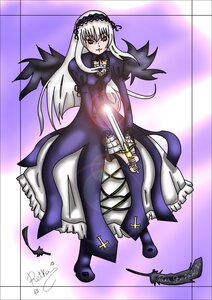Rating: Safe Score: 0 Tags: 1girl black_wings boots detached_collar dress flower frills full_body hairband holding holding_weapon image juliet_sleeves long_hair long_sleeves looking_at_viewer pink_eyes puffy_sleeves purple_background rose solo standing suigintou weapon wings User: admin