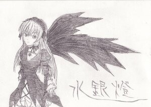 Rating: Safe Score: 0 Tags: 1girl dress feathered_wings frills greyscale hairband image juliet_sleeves long_hair long_sleeves looking_at_viewer monochrome puffy_sleeves ribbon simple_background solo suigintou traditional_media very_long_hair white_background wings User: admin