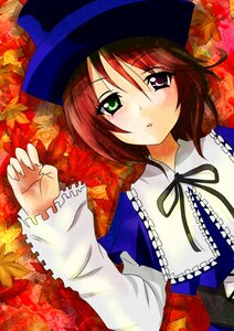 Rating: Safe Score: 0 Tags: 1girl autumn autumn_leaves frills green_eyes hat holding_leaf image leaf long_sleeves looking_at_viewer maple_leaf red_hair ribbon short_hair solo souseiseki spider_lily upper_body User: admin