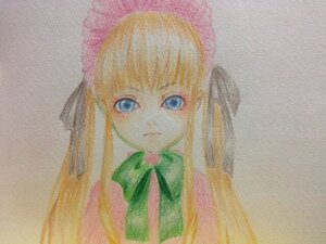 Rating: Safe Score: 0 Tags: 1girl bangs blonde_hair blue_eyes bonnet bow bowtie dress flower green_bow green_neckwear image long_hair looking_at_viewer ribbon rose shinku simple_background solo traditional_media User: admin
