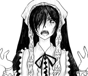 Rating: Safe Score: 0 Tags: 1girl apron blush frills greyscale hair_over_one_eye head_scarf image long_hair monochrome neck_ribbon open_mouth ribbon solo suiseiseki upper_body User: admin