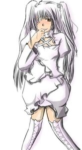 Rating: Safe Score: 0 Tags: 1girl blush boots dress hair_ornament image kirakishou long_hair long_sleeves looking_at_viewer simple_background solo standing thighhighs two_side_up very_long_hair white_background User: admin