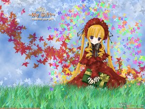Rating: Safe Score: 0 Tags: 1girl autumn autumn_leaves blonde_hair blue_eyes bonnet bowtie dress falling_leaves frills image leaf long_hair long_sleeves looking_at_viewer maple_leaf outdoors red_dress shinku sitting solo tree twintails watermark User: admin