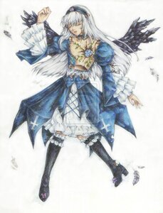 Rating: Safe Score: 0 Tags: 1girl bird closed_eyes dress feathers flower frills hairband image long_hair rose solo suigintou thighhighs traditional_media wings User: admin