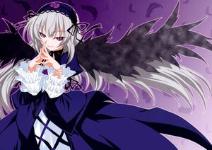 Rating: Safe Score: 0 Tags: 1girl black_wings dress feathers flower frilled_sleeves frills hairband image lolita_hairband long_hair long_sleeves looking_at_viewer pink_eyes purple_dress red_eyes rose silver_hair smile solo suigintou wings User: admin