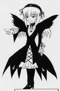 Rating: Safe Score: 0 Tags: 1girl dress frills greyscale hairband image long_hair long_sleeves looking_at_viewer monochrome simple_background solo standing suigintou wings User: admin