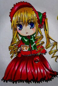 Rating: Safe Score: 0 Tags: 1girl blonde_hair blue_eyes bonnet bow bowtie cup dress drill_hair flower green_bow holding holding_cup image long_hair long_sleeves looking_at_viewer marker_(medium) red_dress rose saucer shinku sidelocks simple_background solo teacup traditional_media twintails User: admin