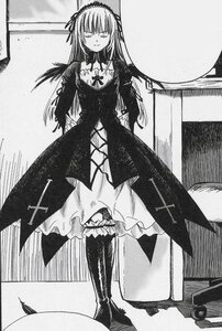 Rating: Safe Score: 0 Tags: 1girl choker closed_eyes dress frills greyscale hairband image long_hair long_sleeves monochrome solo standing suigintou traditional_media User: admin