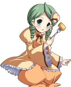 Rating: Safe Score: 0 Tags: 1girl :o blush bow dress drill_hair food fork green_eyes green_hair hair_ornament image kanaria long_sleeves open_mouth solo twin_drills white_background User: admin