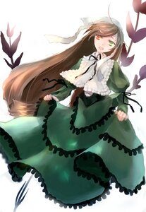 Rating: Safe Score: 0 Tags: 1girl brown_hair dress frills green_dress green_eyes heterochromia image long_hair long_sleeves looking_at_viewer open_mouth red_eyes skirt_hold solo suiseiseki very_long_hair white_background User: admin