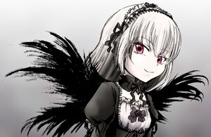 Rating: Safe Score: 3 Tags: 1girl black_wings dress gradient gradient_background hairband image long_hair long_sleeves looking_at_viewer pink_eyes puffy_sleeves smile solo suigintou upper_body wings User: admin