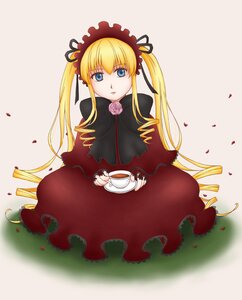 Rating: Safe Score: 0 Tags: 1girl blonde_hair blue_eyes bonnet bow bowtie capelet cup dress flower holding_cup image long_hair long_sleeves looking_at_viewer petals pink_rose red_dress rose rose_petals saucer shinku sitting solo tea teacup twintails very_long_hair User: admin