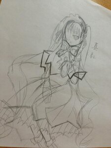 Rating: Safe Score: 0 Tags: 1girl bowtie dress image long_hair long_sleeves looking_at_viewer monochrome ribbon shinku sketch solo standing traditional_media very_long_hair User: admin