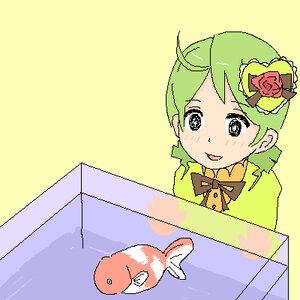 Rating: Safe Score: 0 Tags: 1girl black_eyes box flower green_hair hair_ornament image kanaria open_mouth personification short_hair simple_background solo yellow_background User: admin