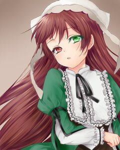 Rating: Safe Score: 0 Tags: 1girl black_ribbon brown_hair dress frills green_dress green_eyes hat head_scarf heterochromia image long_hair long_sleeves looking_at_viewer red_eyes ribbon simple_background solo suiseiseki very_long_hair User: admin