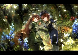 Rating: Safe Score: 0 Tags: 2girls blue_butterfly brown_hair bug butterfly commentary_request corset dappled_sunlight dress flower green_dress hat heterochromia holding_hands image insect letterboxed long_hair long_sleeves looking_at_viewer multiple_girls open_mouth pair pants rozen_maiden shirt short_hair siblings smile souseiseki suiseiseki sunlight twins ultimate_asuka User: admin