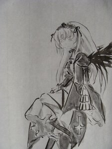 Rating: Safe Score: 0 Tags: 1girl dress frills greyscale hairband holding image juliet_sleeves long_hair long_sleeves monochrome puffy_sleeves ribbon solo standing suigintou traditional_media very_long_hair wings User: admin