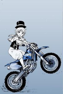 Rating: Safe Score: 0 Tags: 1girl blue_background ground_vehicle hat image long_sleeves monochrome motor_vehicle motorcycle pants short_hair smile solo souseiseki top_hat traditional_media User: admin