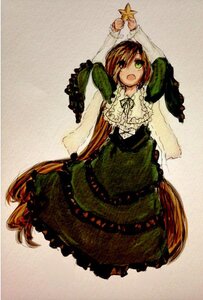 Rating: Safe Score: 0 Tags: 1girl arms_up brown_hair dress frills green_dress green_eyes heterochromia image long_hair long_sleeves looking_at_viewer open_mouth solo suiseiseki User: admin