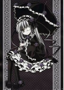 Rating: Safe Score: 0 Tags: 1girl barasuishou dress eyepatch flower frills gothic_lolita greyscale hairband image lolita_fashion long_hair monochrome pantyhose rose sitting solo umbrella wings User: admin