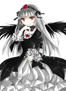 Rating: Safe Score: 0 Tags: 1girl black_dress black_wings dress feathers flower frilled_sleeves frills gothic_lolita hairband image lolita_fashion lolita_hairband long_hair long_sleeves looking_at_viewer red_eyes rose silver_hair smile solo suigintou white_background wings User: admin