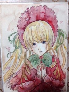 Rating: Safe Score: 0 Tags: 1girl blonde_hair blue_eyes bonnet bow bowtie dress flower green_bow green_neckwear image long_hair long_sleeves looking_at_viewer marker_(medium) petals photo shinku solo traditional_media watercolor_(medium) User: admin