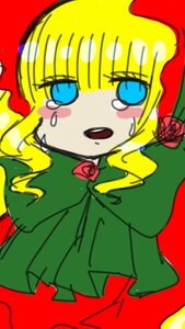 Rating: Safe Score: 0 Tags: 1girl bangs blonde_hair blue_eyes capelet crying dress flower image long_hair open_mouth red_flower red_rose rose shinku simple_background solo tears User: admin