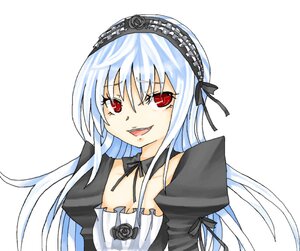 Rating: Safe Score: 0 Tags: 1girl :d black_ribbon collarbone detached_collar dress hairband image long_hair long_sleeves looking_at_viewer open_mouth red_eyes ribbon rose simple_background smile solo suigintou upper_body white_background User: admin