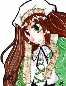 Rating: Safe Score: 0 Tags: 1girl brown_hair dress green_dress green_eyes head_scarf heterochromia image long_hair long_sleeves looking_at_viewer red_eyes ribbon simple_background smile solo suiseiseki twintails upper_body very_long_hair white_background User: admin