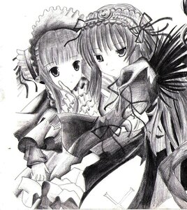 Rating: Safe Score: 0 Tags: 2girls dress frills greyscale hairband image lolita_hairband long_hair long_sleeves looking_at_viewer monochrome multiple_girls pair ribbon shinku siblings sisters smile suigintou traditional_media User: admin