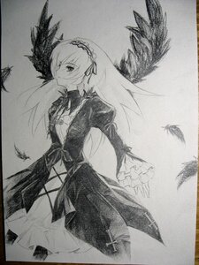 Rating: Safe Score: 0 Tags: 1girl dress feathered_wings feathers frilled_sleeves frills greyscale hairband image long_hair long_sleeves looking_at_viewer monochrome solo suigintou traditional_media wings User: admin