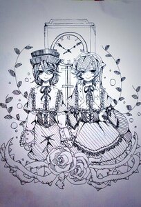 Rating: Safe Score: 0 Tags: 2girls dress flower hat image long_sleeves looking_at_viewer monochrome multiple_girls pair rose short_hair smile souseiseki suiseiseki traditional_media User: admin