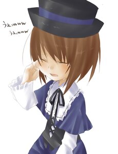 Rating: Safe Score: 0 Tags: 1girl blue_dress blush brown_hair closed_eyes dress hat image long_sleeves open_mouth short_hair simple_background solo souseiseki striped tears white_background User: admin