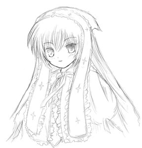 Rating: Safe Score: 0 Tags: 1girl blush dress frills greyscale image long_hair long_sleeves looking_at_viewer monochrome ribbon simple_background smile solo suiseiseki upper_body very_long_hair white_background User: admin