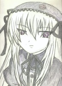 Rating: Safe Score: 0 Tags: 1girl bangs closed_mouth dress eyebrows_visible_through_hair flower hairband image long_hair long_sleeves looking_at_viewer monochrome ribbon rose simple_background solo suigintou traditional_media white_background User: admin